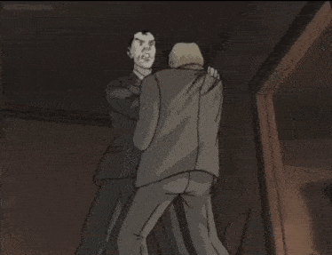 a man in a suit and tie is holding a gun in front of a sign that says hissanime