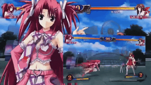 a girl in a pink outfit is playing a video game with the number 90 in the corner