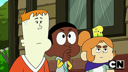 three cartoon characters are standing next to each other with cn written on the bottom right