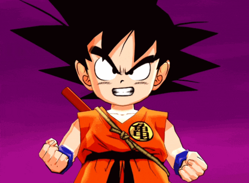 a cartoon character named goku is holding a sword in his hand