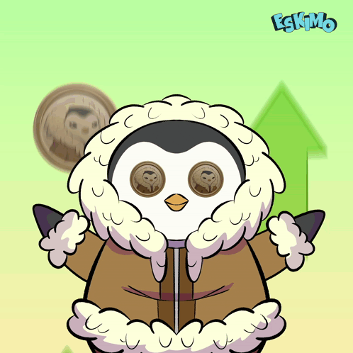 a cartoon of a penguin wearing a fur coat with the words eskimo on the bottom