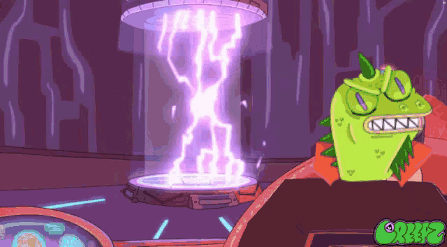 a cartoon of a monster with a purple lightning bolt coming out of its mouth