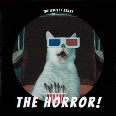 a picture of a cat wearing 3d glasses and eating popcorn with the words " the horror " below it