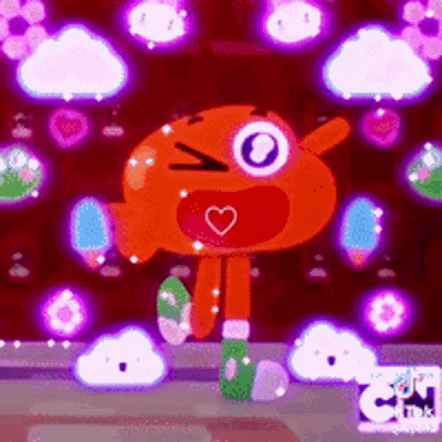 a cartoon character with a heart in his mouth is surrounded by clouds and flowers