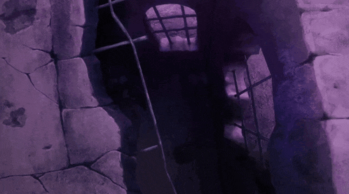 a dark room with a purple background and a window with bars