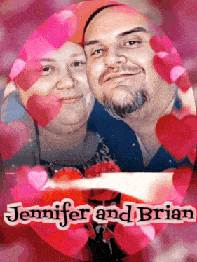 a picture of jennifer and brian with pink hearts