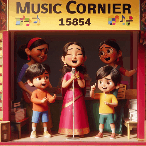 cartoon characters singing in front of a yellow sign that says music corner 15854