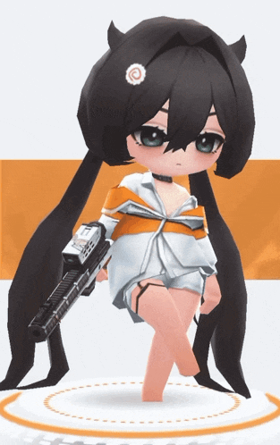 a girl with long black hair is holding a gun in her right hand