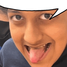 a close up of a person 's face with a speech bubble behind it