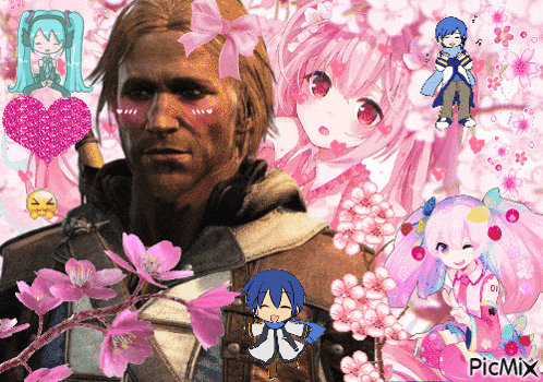 a picture of a man surrounded by pink flowers with a picmix logo on the bottom