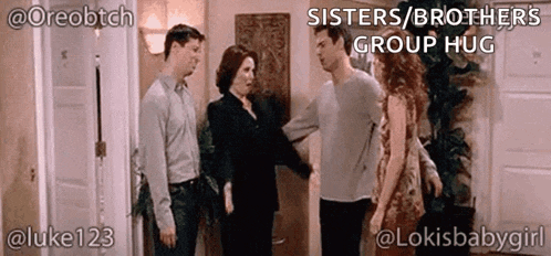 a group of people are hugging each other in a room with the words sisters / brothers group hug on the bottom