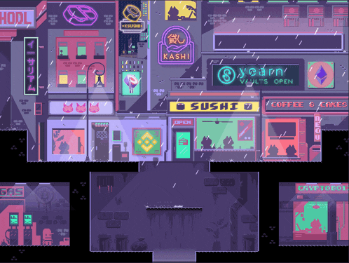 a pixel art illustration of a city with a sushi restaurant in the middle