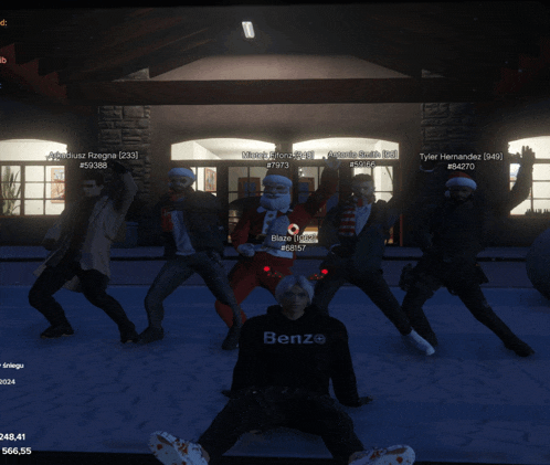 a group of people are posing for a picture with one wearing a hoodie that says benz