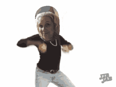 a woman wearing a black shirt and a pearl necklace is dancing in front of a white background with jub jab written on it