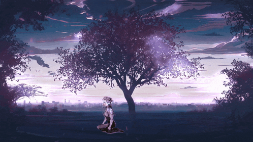 a painting of a girl kneeling under a tree
