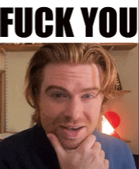 a man with a hand on his chin and a sign that says fuck you