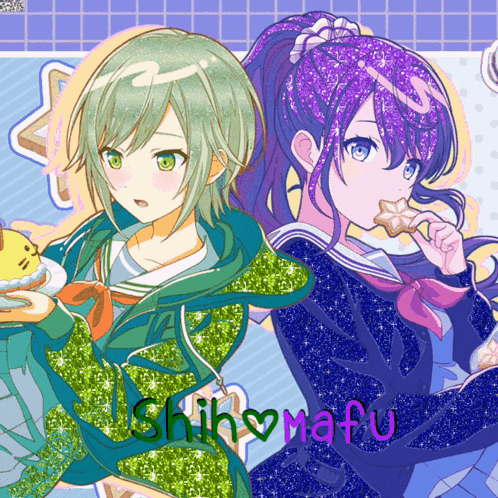 a picture of a girl with green hair and a girl with purple hair with the name ishimaru on the bottom