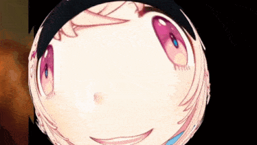a close up of a girl 's face with pink eyes and a smile