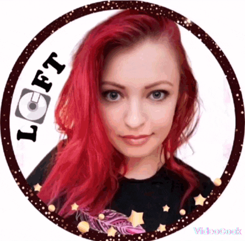 a girl with red hair is in a circle with the word loft on it