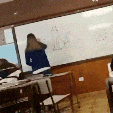 a woman is drawing a cat on a white board in a classroom