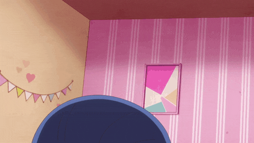 a room with pink stripes and a picture on the wall that says ' i love you '