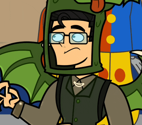 a cartoon of a man wearing glasses and a green dragon hat