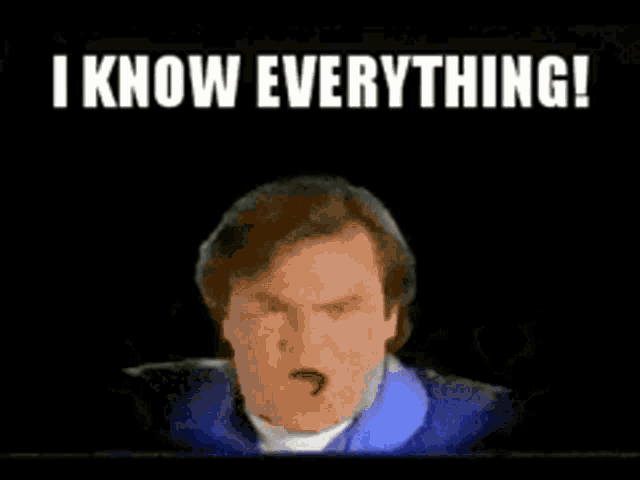 a man is standing in front of a wall of light bulbs and says `` i know everything ! ''