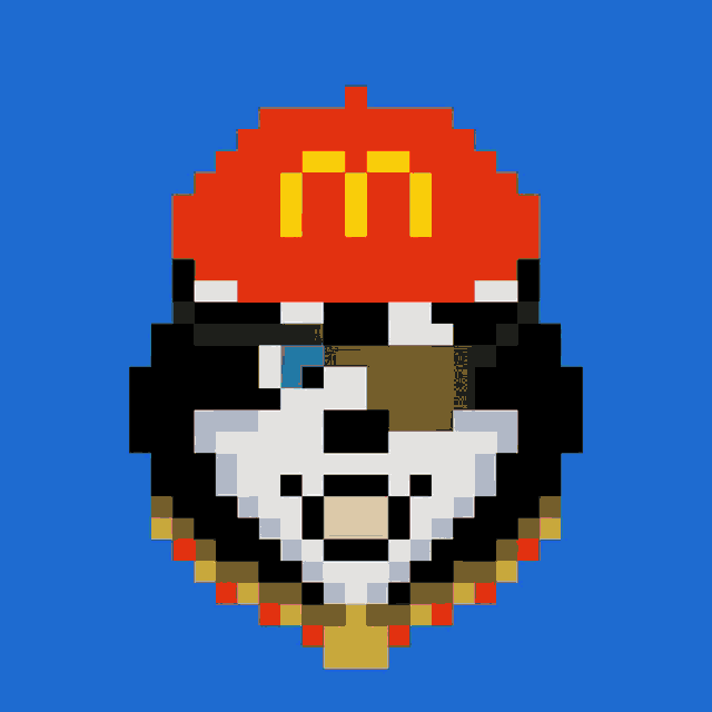 a pixel art drawing of a dog wearing 3d glasses and a hat