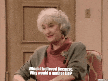 a woman is sitting in front of a door and says " which i believed because why would a mother lie "