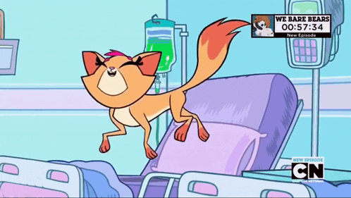 a cartoon of a fox jumping over a hospital bed with the words we bare bears at the bottom