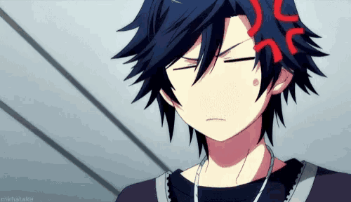a boy with blue hair has a red u on his head