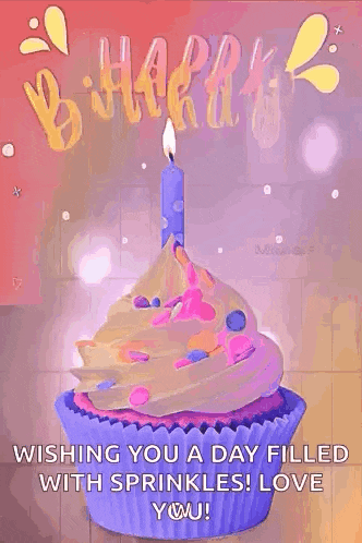 a birthday card with a cupcake with a candle on top of it .