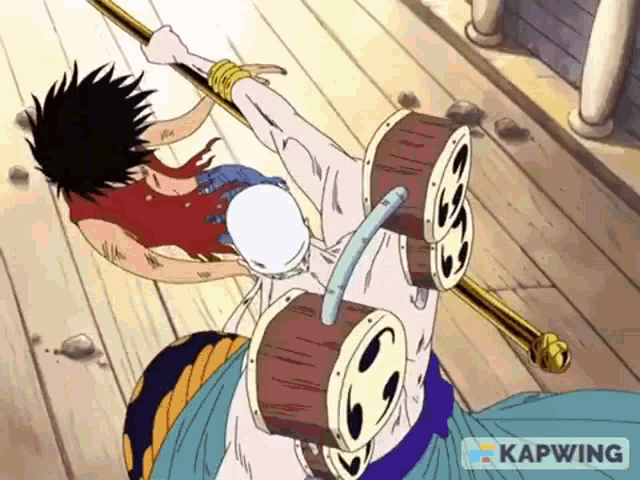 a cartoon of a man with drums on his back and the word kapwing in the corner