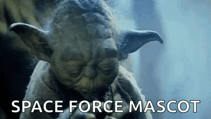 a close up of a statue of yoda with the words space force mascot written below him .