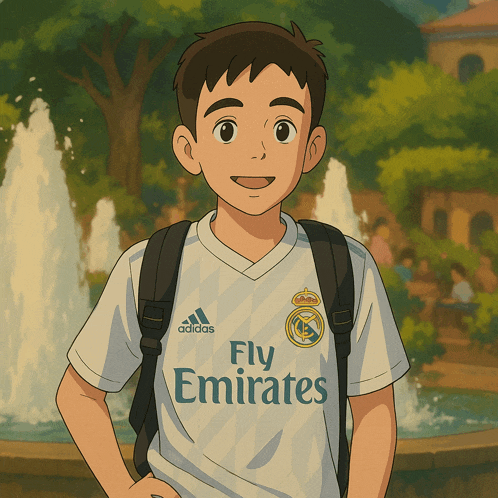 a boy with a backpack wearing a fly emirates shirt