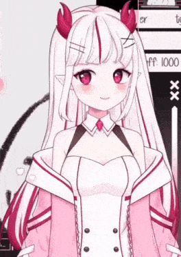 a girl with long white hair and red horns is smiling