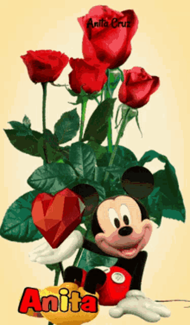 a mickey mouse holding a heart in front of a bouquet of red roses by anita cruz