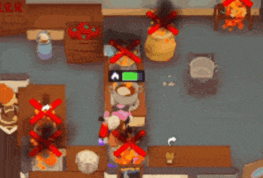 a video game scene with red crosses on the stove and pots and pans