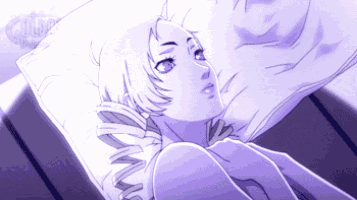 a cartoon of a woman laying on a bed with a purple background that says ' clover ' on the bottom