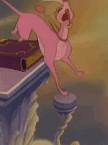 a pink cartoon dog is sitting on a pedestal with a book in the background