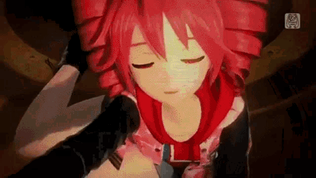 a close up of a red haired anime girl with her eyes closed and a black jacket .