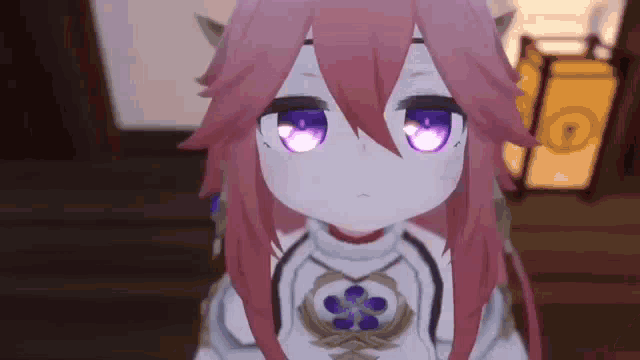 a close up of a pink haired anime girl with purple eyes .