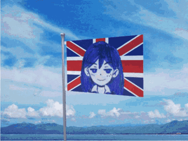 a flag with a blue haired girl on it