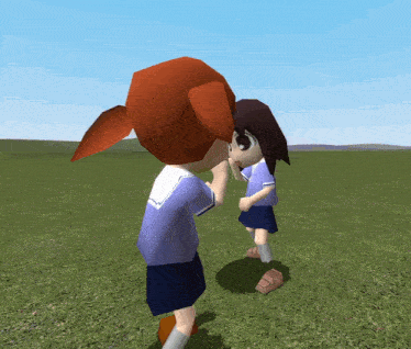 two cartoon characters are standing in a field and one is kissing the other