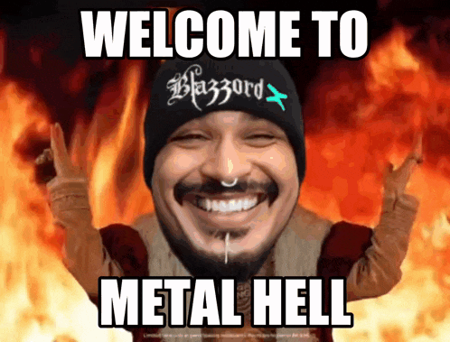 a man wearing a hat that says blizzard on it is smiling and says welcome to metal hell