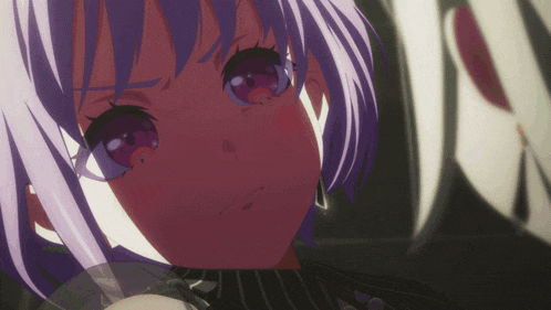 a close up of a girl with purple hair and big eyes