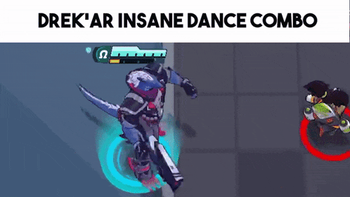 a video game character is doing a dance combo with a dinosaur .