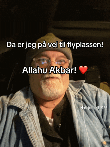 a man with a beard wearing glasses and a beanie says " da er jeg på vei til flyplassen ! "