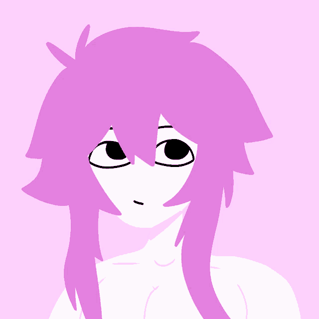 a cartoon character with purple hair and black eyes