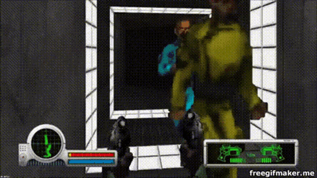 a man in a yellow suit is holding a gun in a video game while another man looks on .